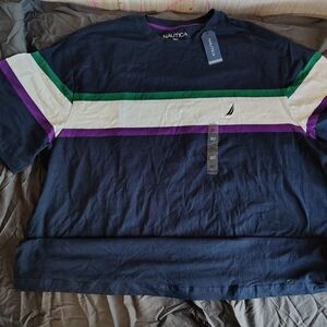 Nautica Men's Navy Tee with Green and Purple Stripes